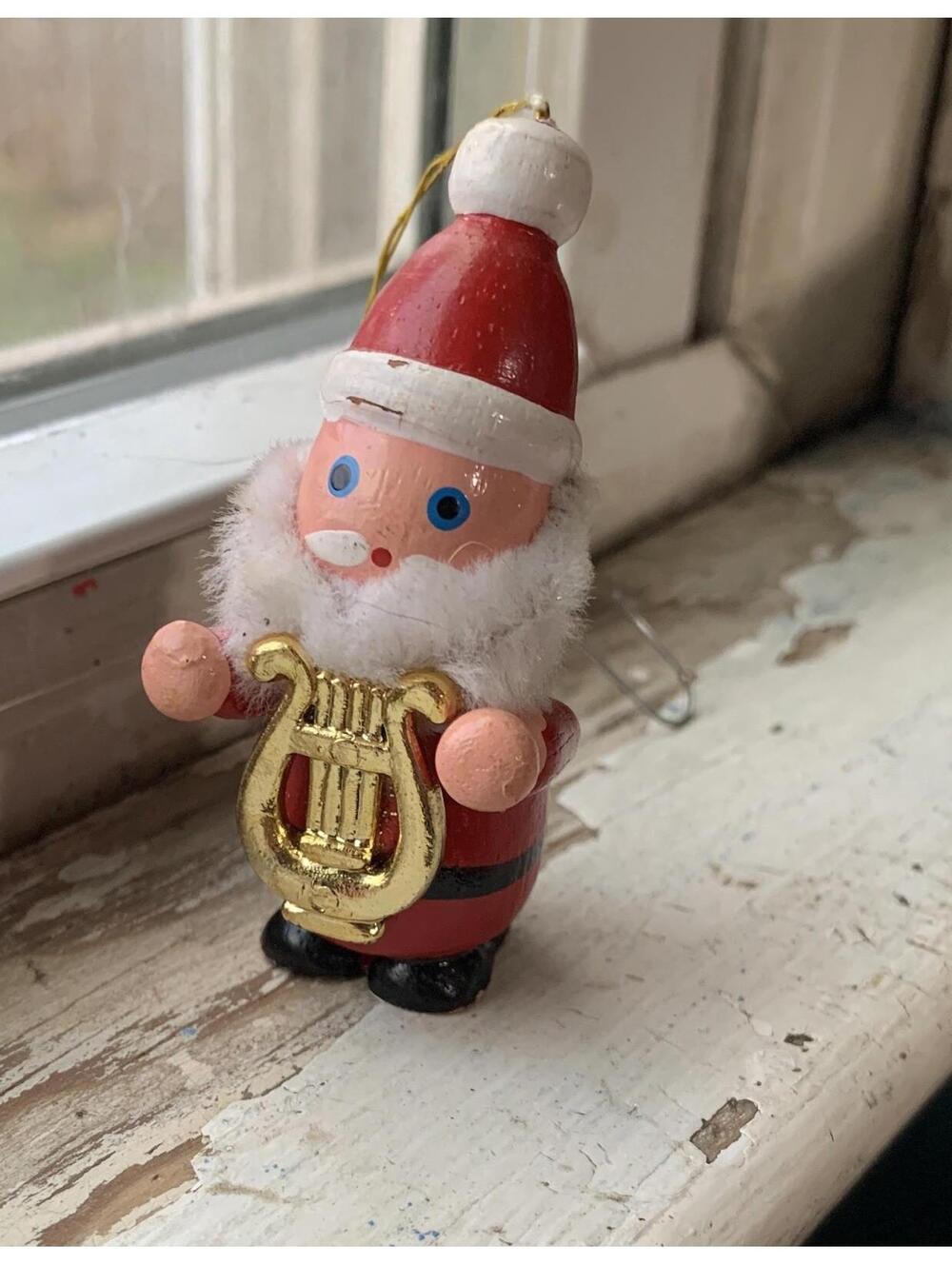 Vintage Wooden Santa Claus With Lyre Christmas Tree Ornament Possible German